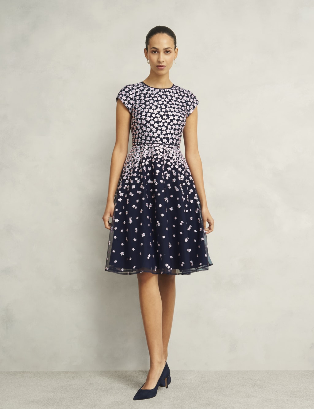Mesh Floral Embroidered Knee Length Skater Dress