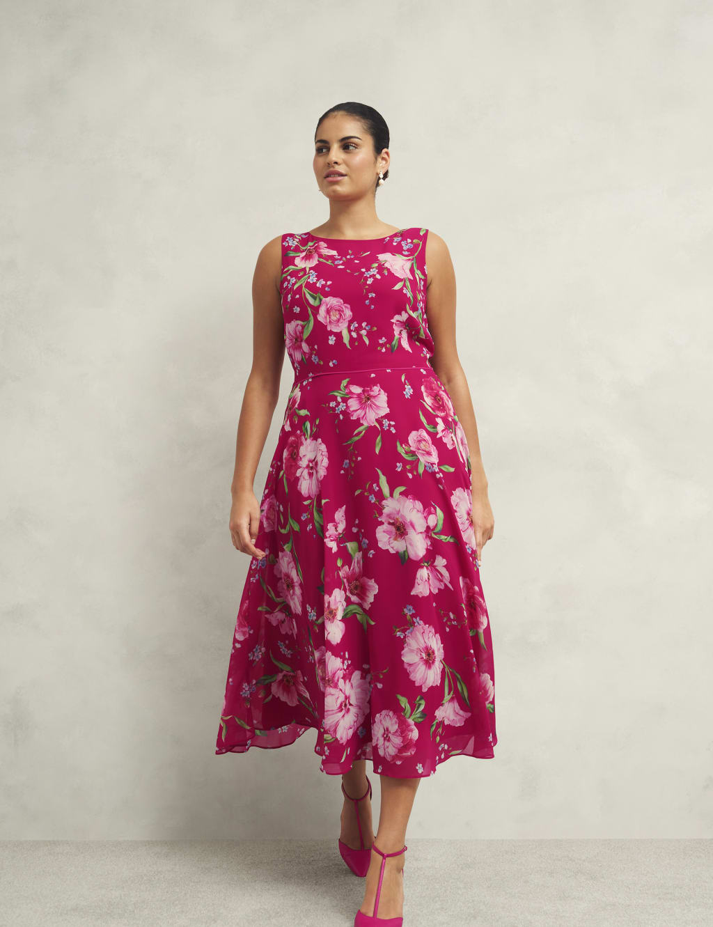 Floral Round Neck Midi Skater Dress