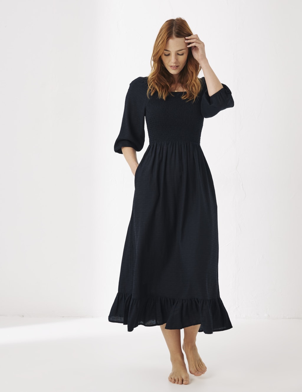 FatFace Textured Midi Tiered Dress with Linen Black