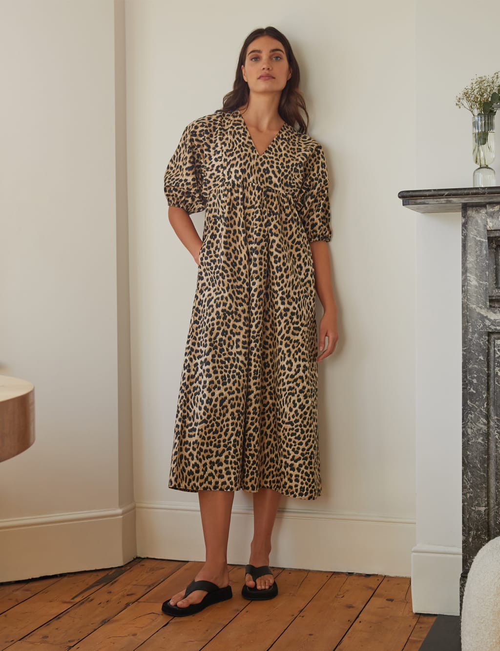 Albaray Cotton Animal Print Midi Dress Brown Mix