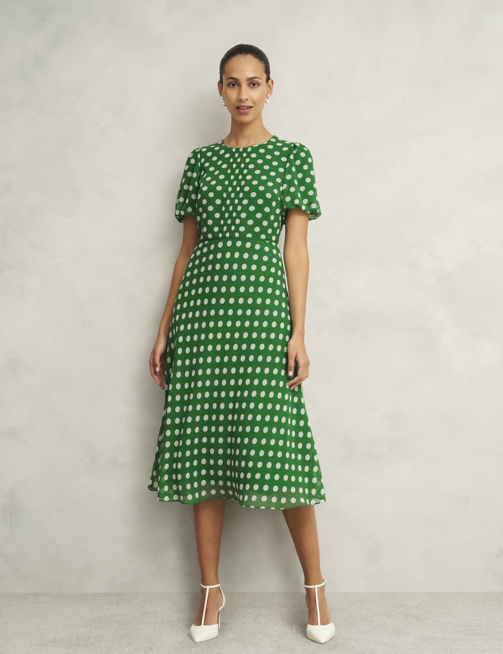 Polka Dot Puff Sleeve Midi Skater Dress