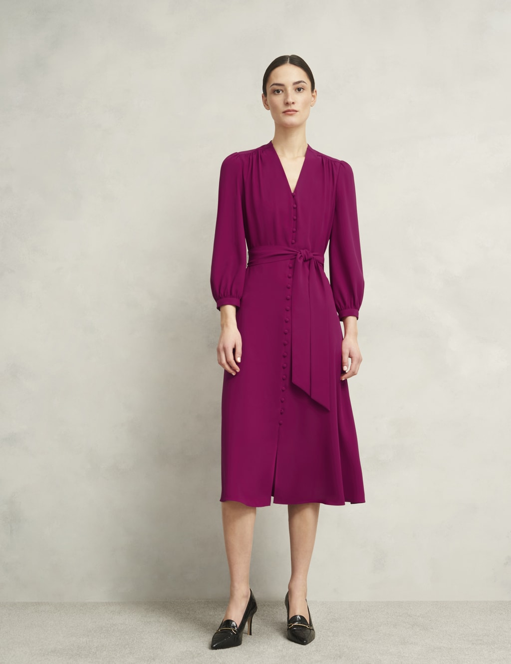 V-Neck Belted Midi Skater Dress