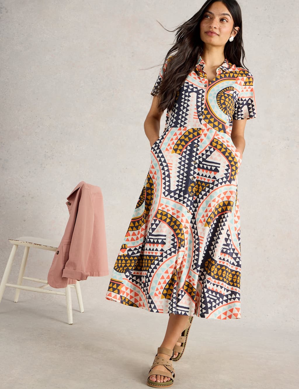 Jersey Printed Collared Midi Shirt Dress