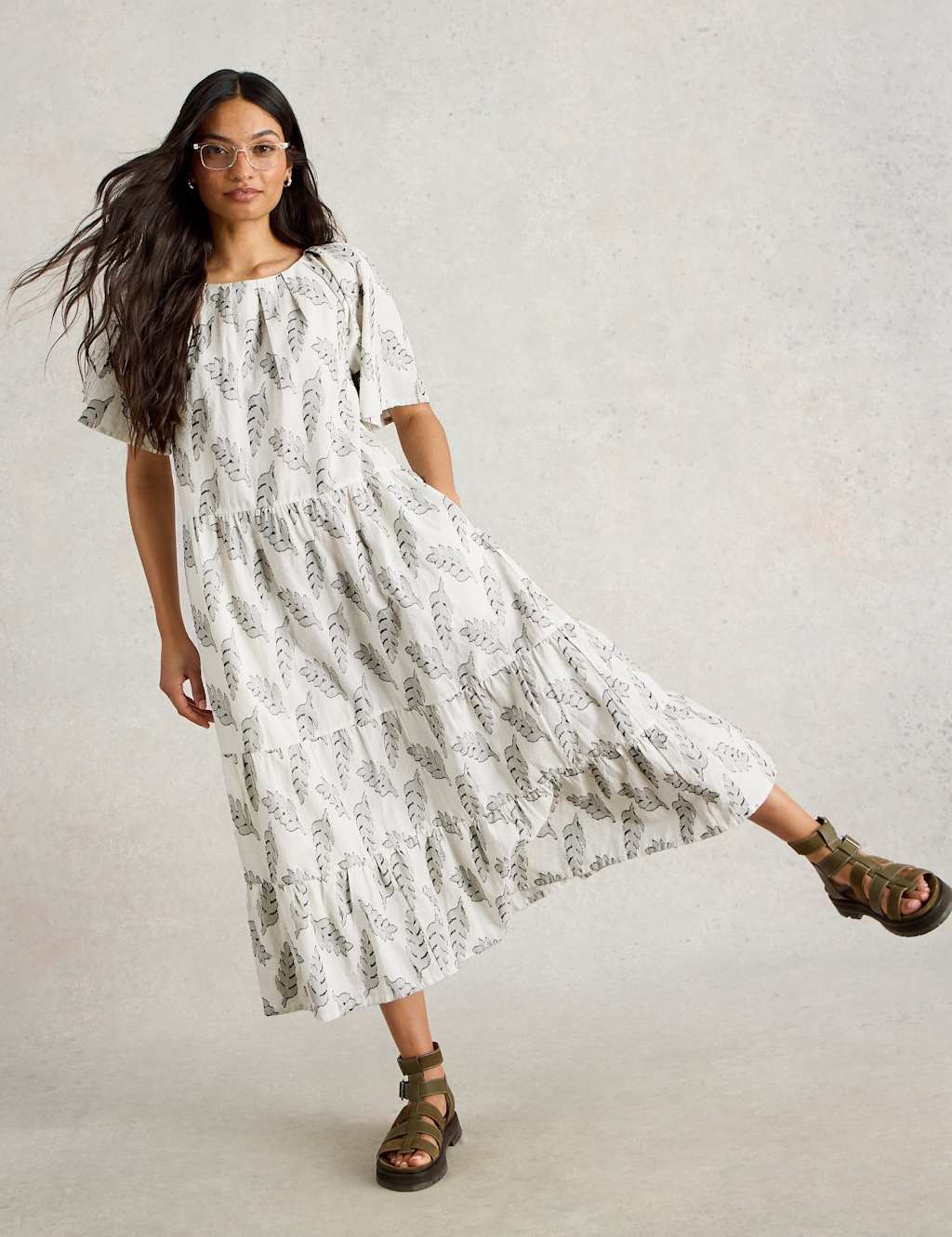 Pure Cotton Jacquard Midi Tiered Dress