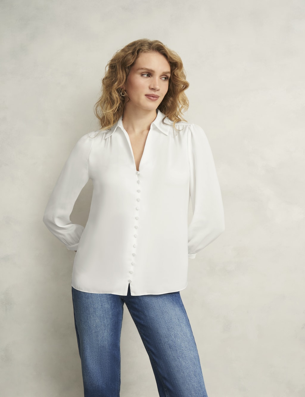 Collared Button Detail Blouson Sleeve Blouse