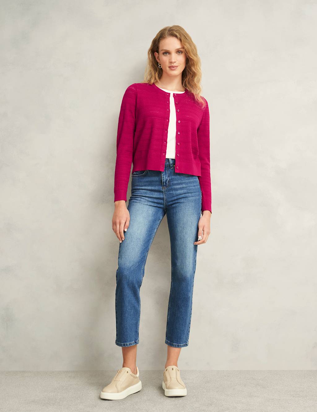 Textured Crew Neck Button Front Cardigan