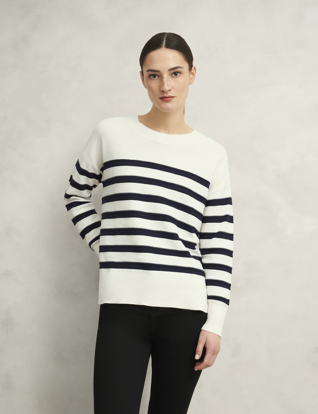Hobbs Women's Pure Cotton Textured Striped Jumper - Ivory Mix, Ivory Mix