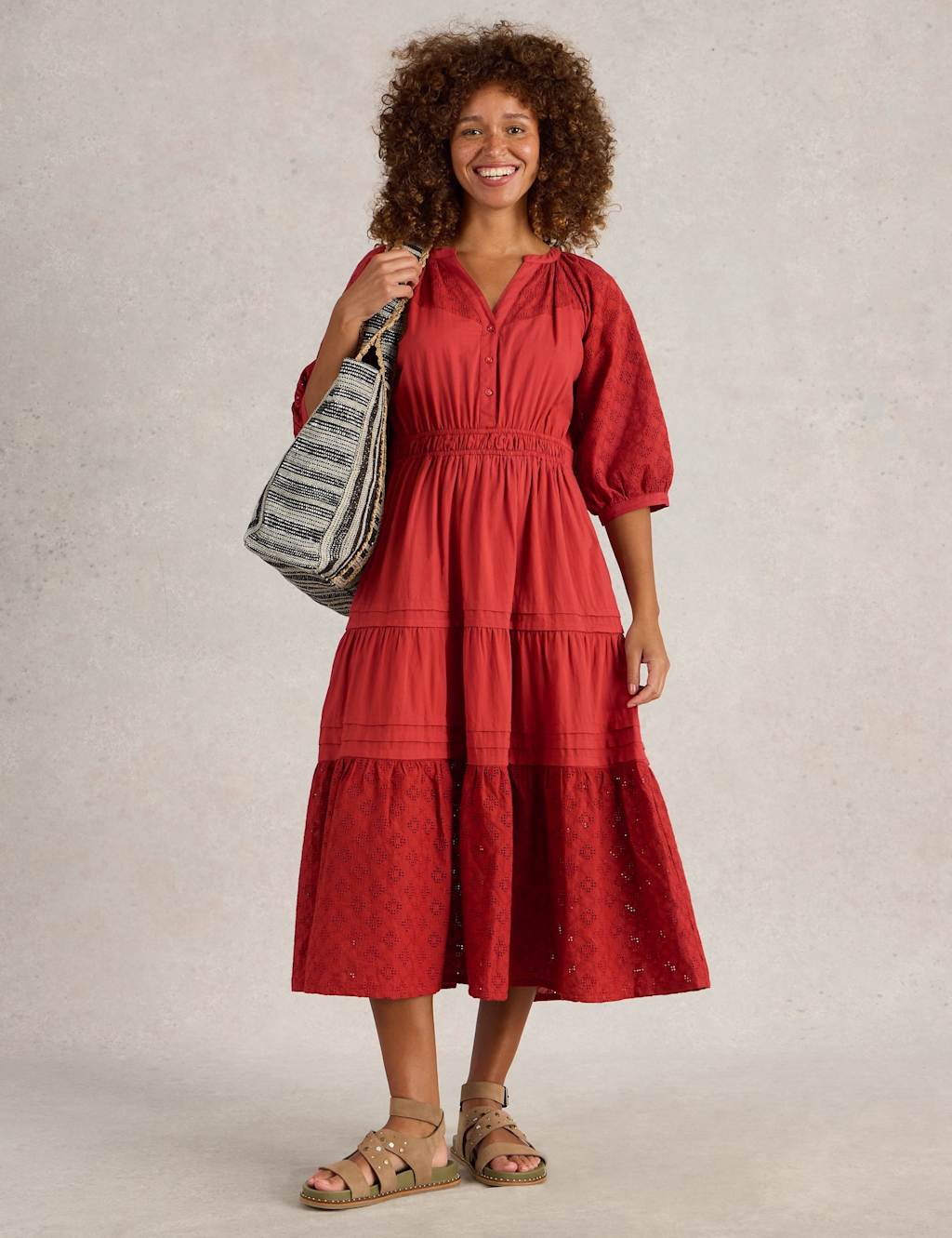 Pure Cotton Broderie V-Neck Midi Tiered Dress