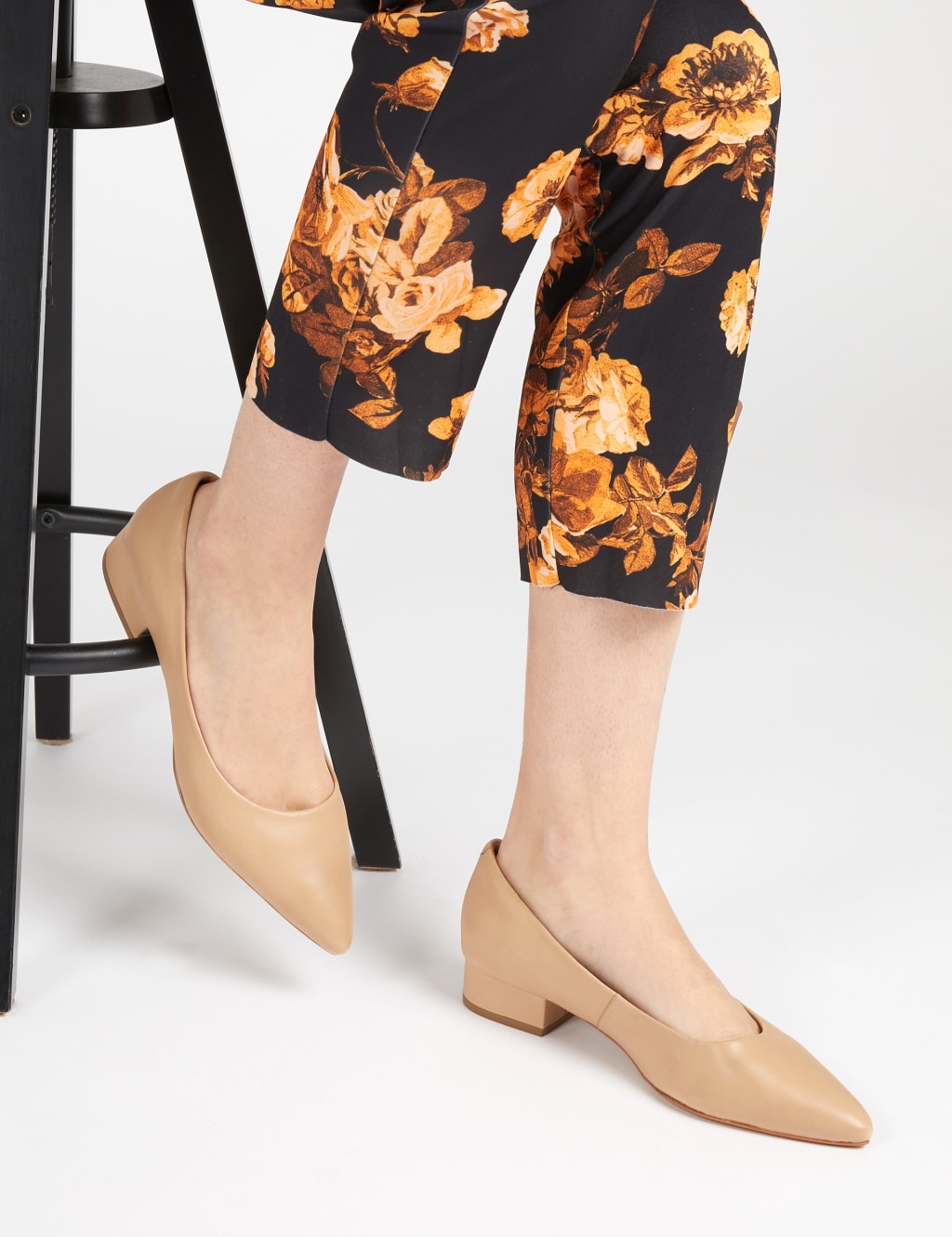 Leather Block Heel Pointed Court Shoes