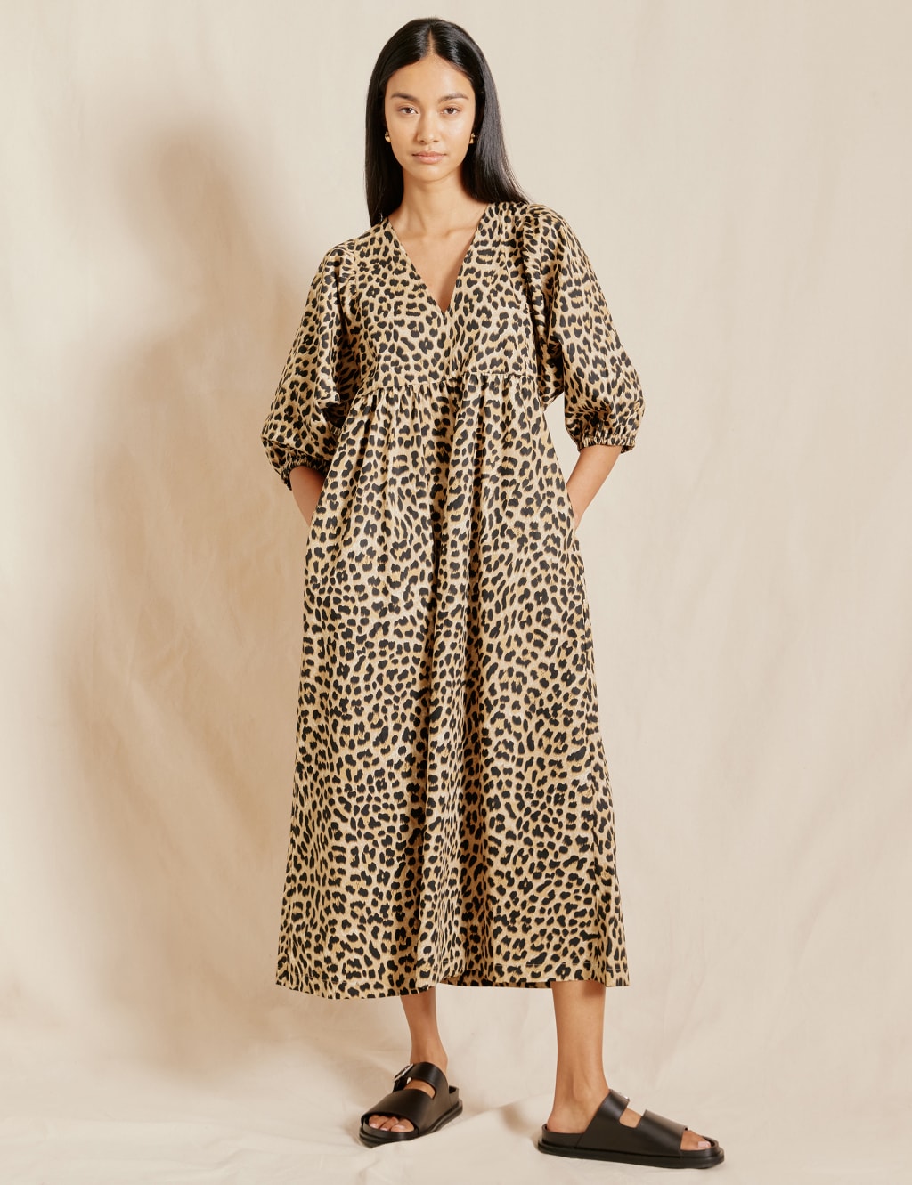 Pure Cotton Animal Print V-Neck Midi Dress