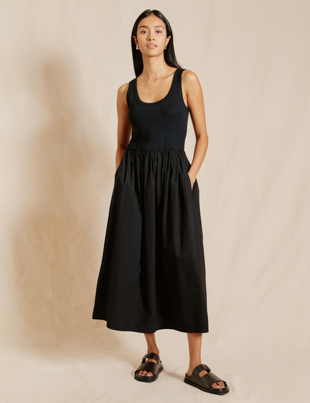Albaray Pure Cotton Scoop Neck Midi Waisted Dress Black