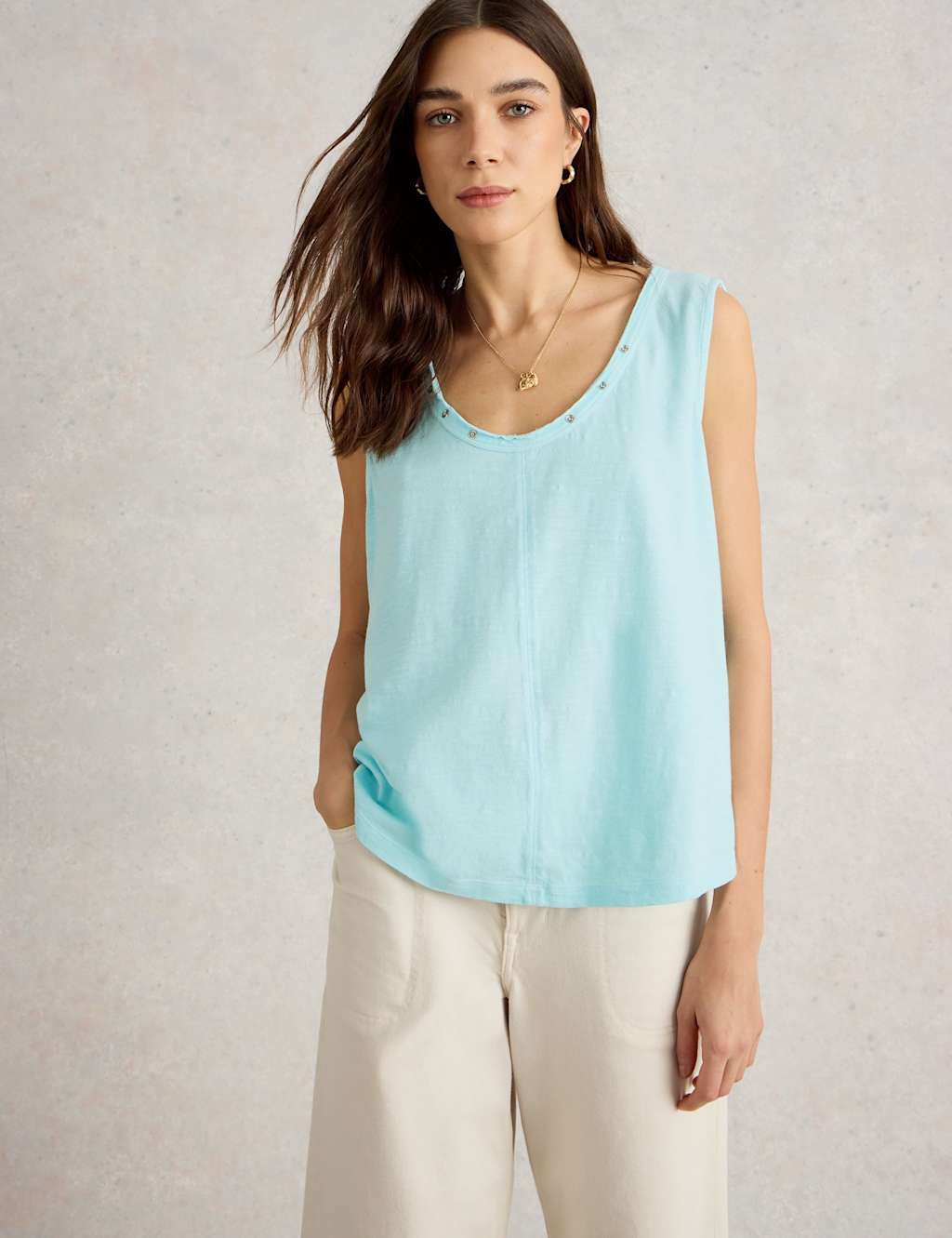Pure Cotton Scoop Neck Button Detail Vest Top