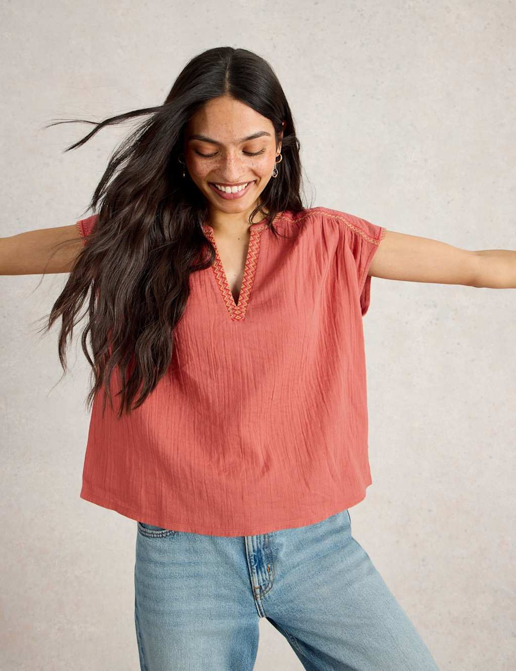 Pure Cotton Embroidered Notch Neck Top