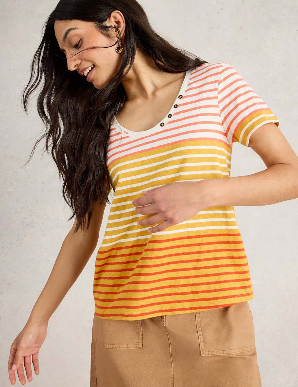 Pure Cotton Striped Button Detail T-Shirt