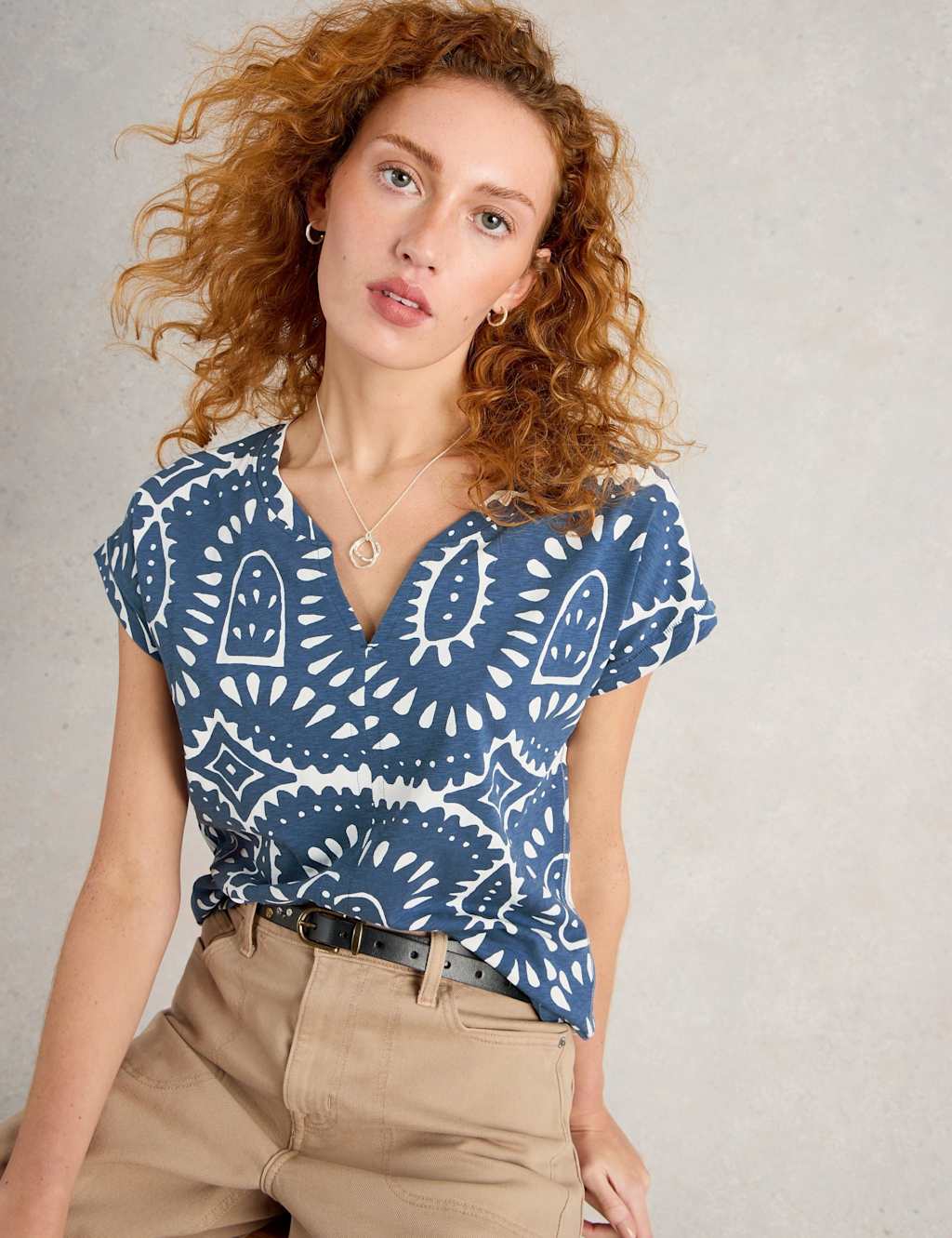 Pure Cotton Printed Notch Neck T-Shirt