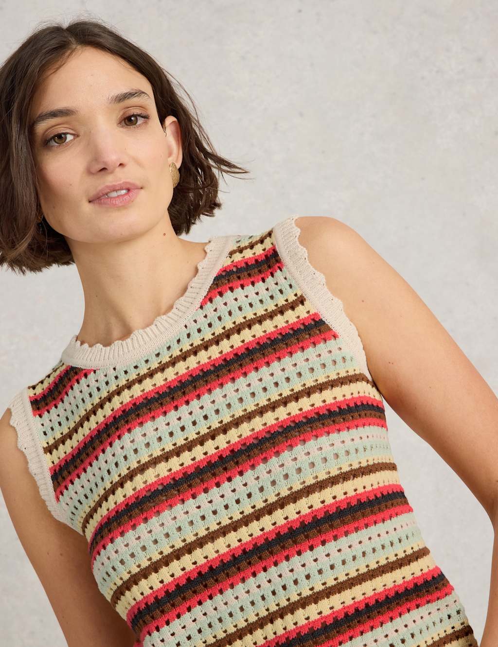 Pure Cotton Striped Textured Knitted Vest