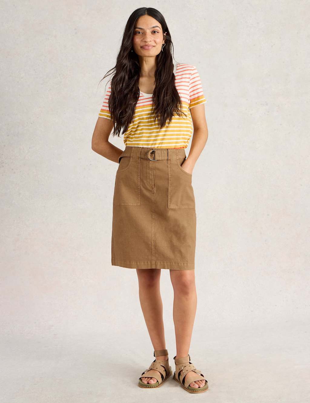 White Stuff Cotton Rich A-Line Skirt with Linen Natural