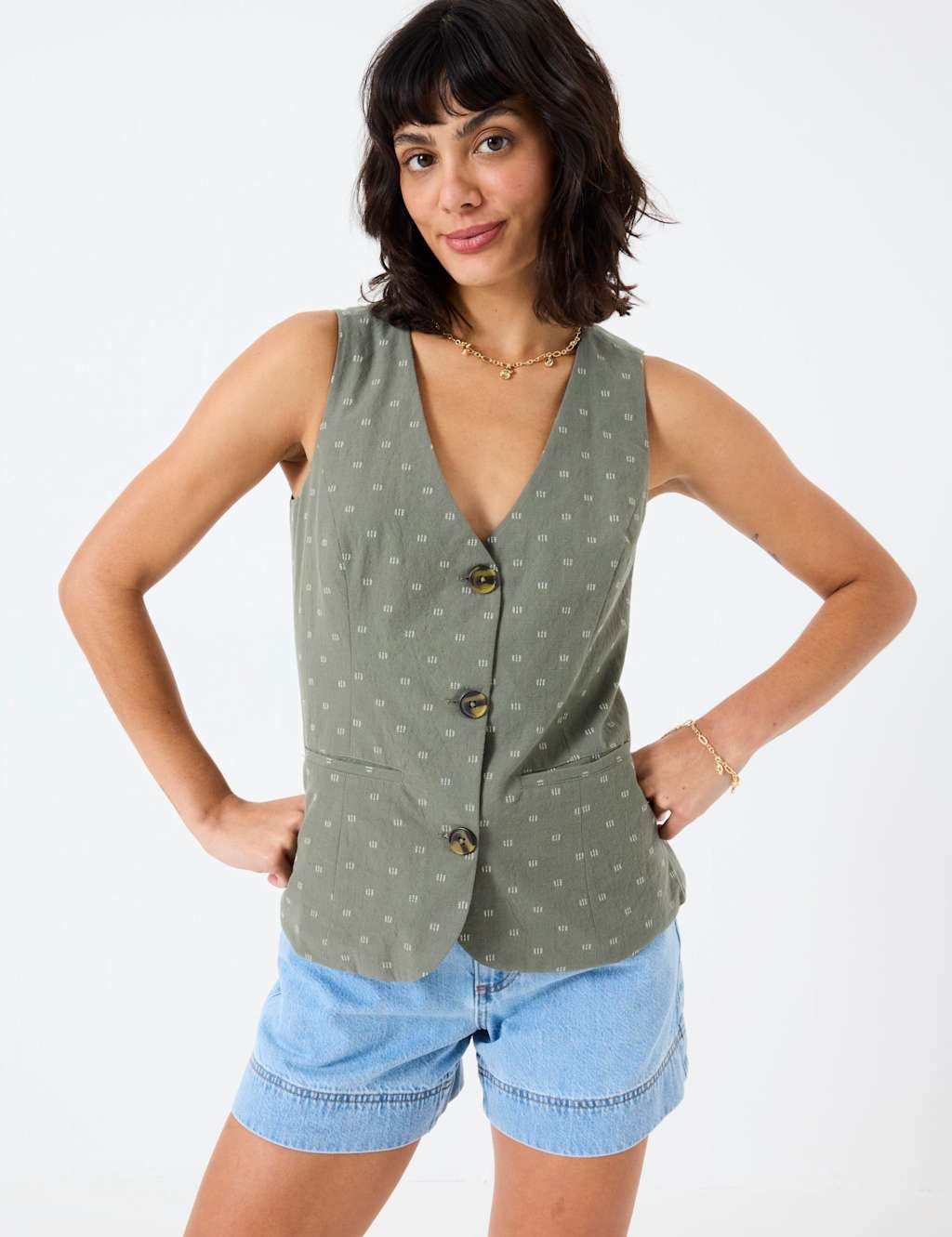 Pure Cotton Embroidered V-Neck Waistcoat