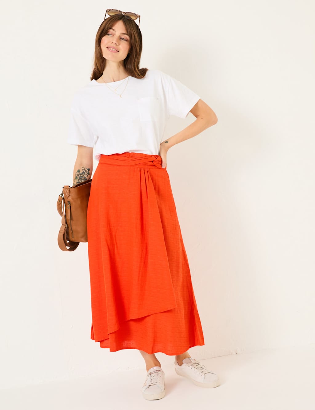 Cotton Blend Midi Asymmetric Skirt with Linen