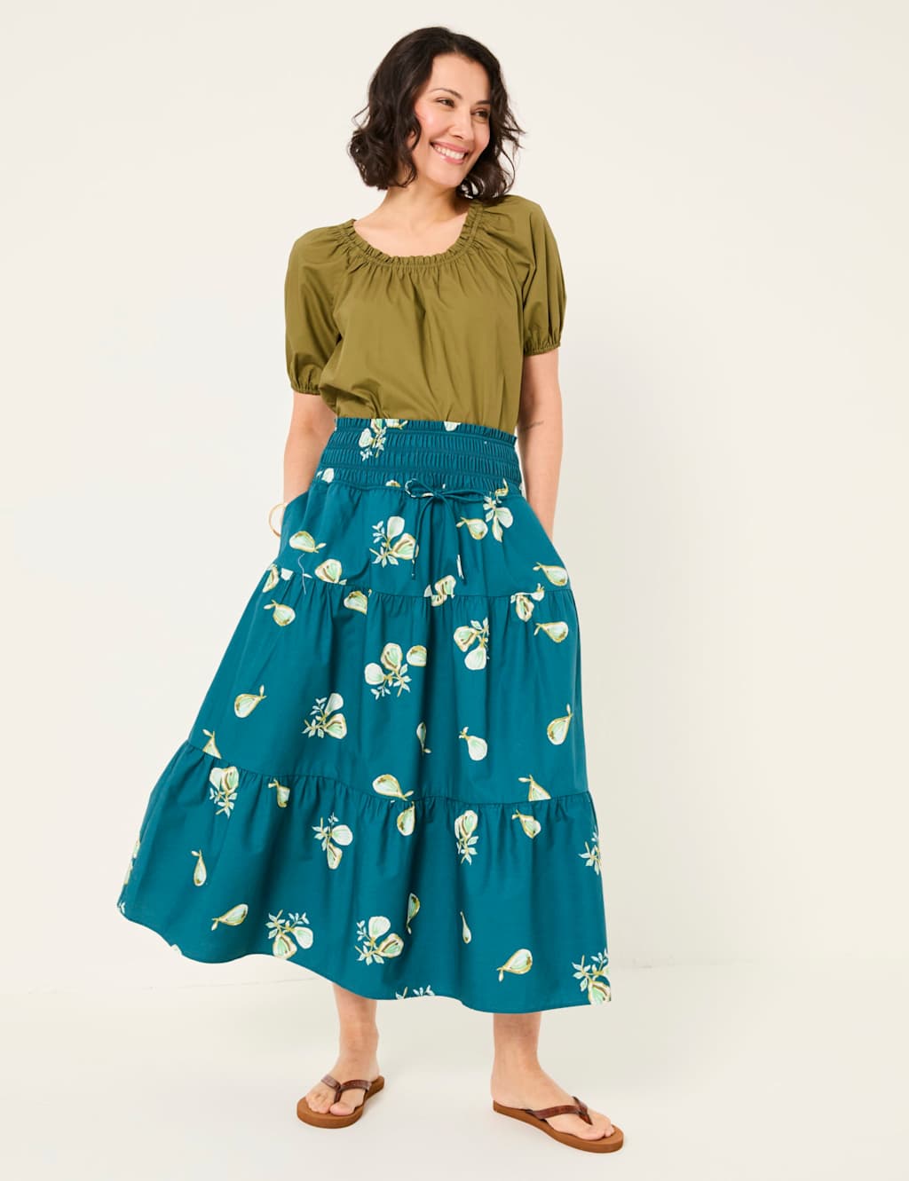 Pure Cotton Printed Midi Tiered Skirt