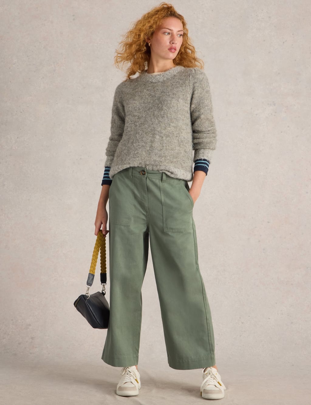 Cotton Blend Wide Leg Cropped Trousers