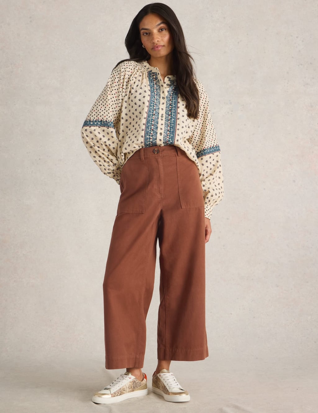 Cotton Blend Wide Leg Cropped Trousers