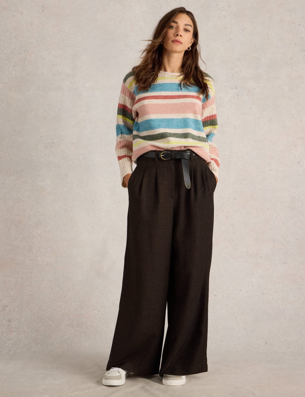 Wool Blend Textured Wide Leg Trousers