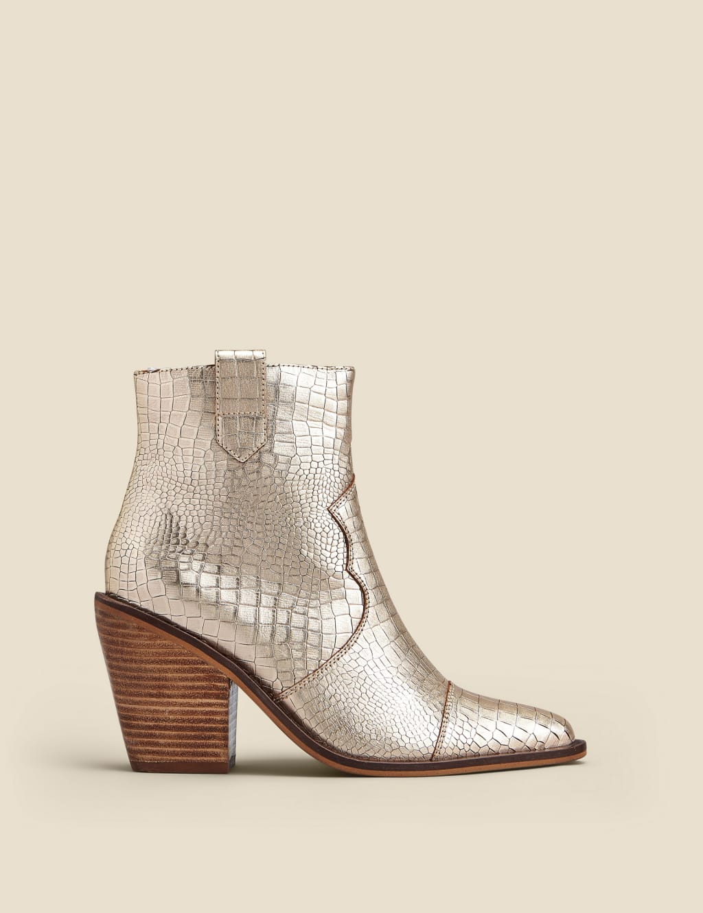 Leather Cow Boy Croc Block Heel Ankle Boots