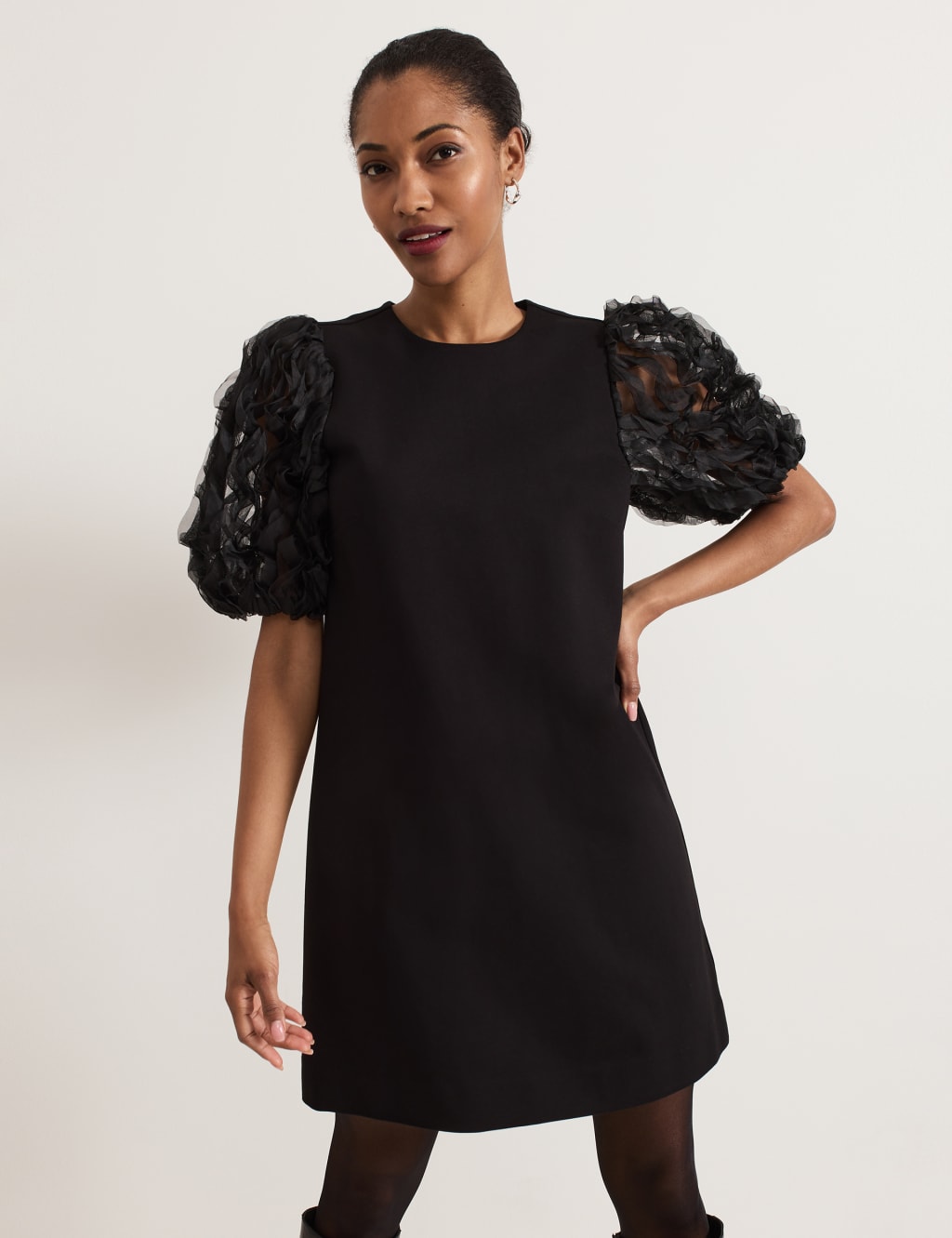 Textured Ruffle Sleeve Mini Shift Dress