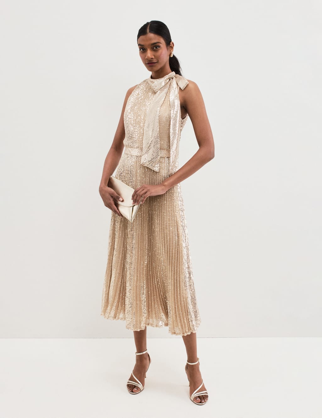 Sequin Tie Neck Midi Dress