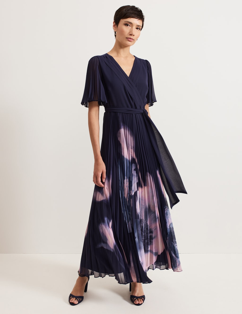 Floral V-Neck Pleated Maxi Skater Dress