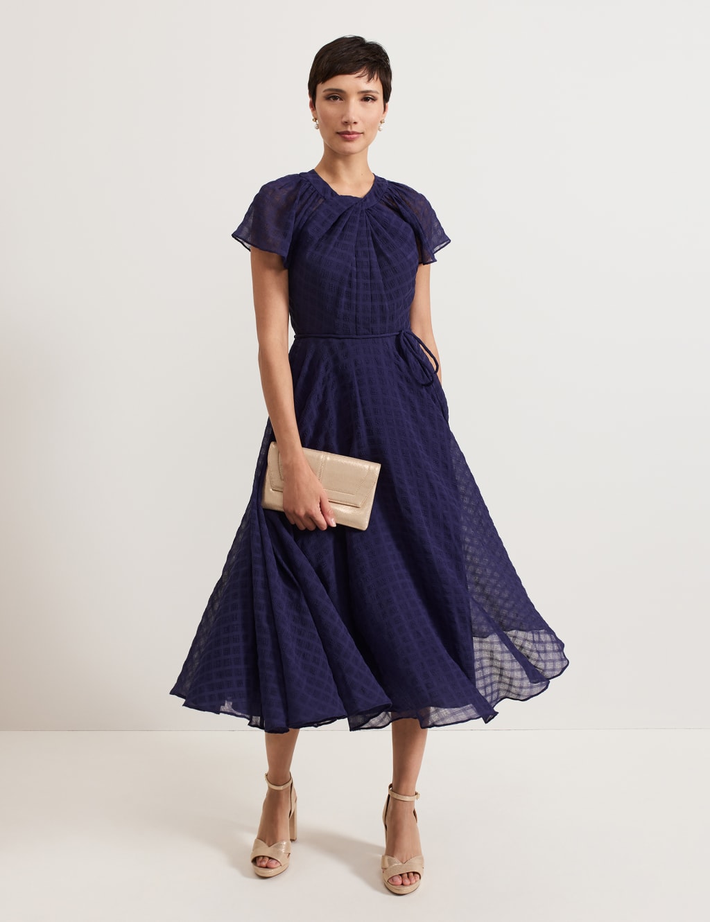 Checked Twist Neck Angel Sleeve Midaxi Skater Dress