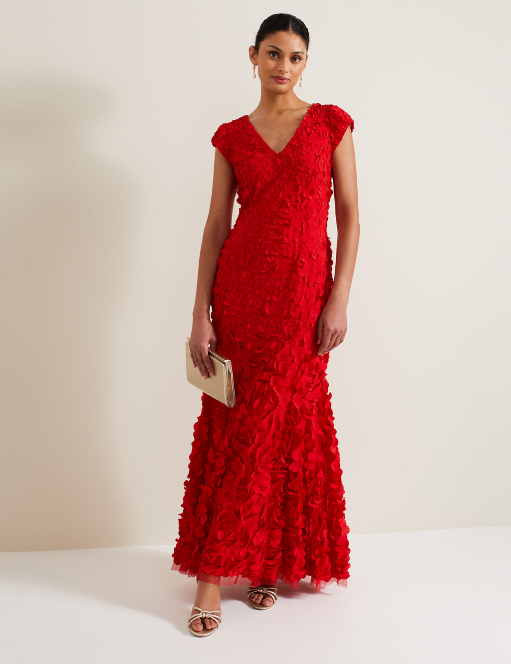 Chiffon Applique Ruffle V-Neck Maxi Skater Dress