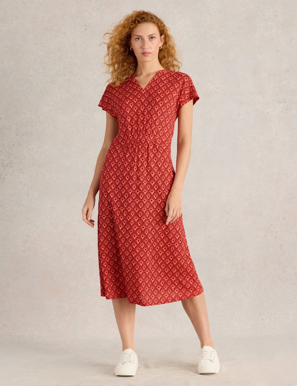 Pure Linen Jersey Printed V-Neck Midi Dress