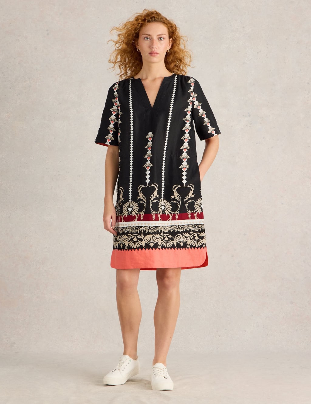 Pure Linen Printed Knee Length Relaxed Dress