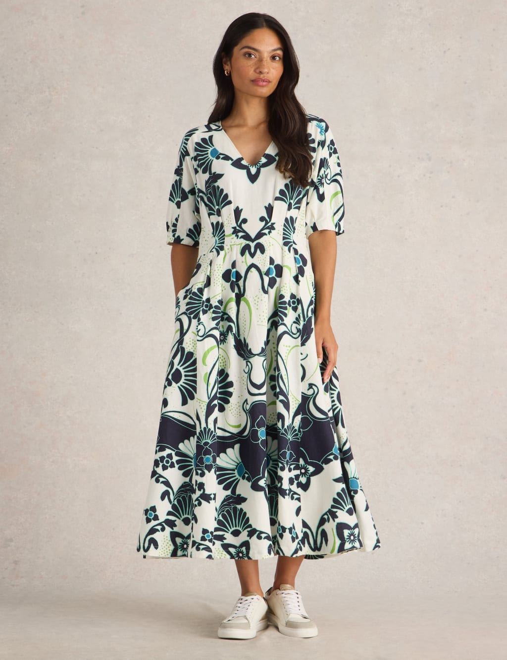 Linen Blend Printed Midaxi Waisted Dress