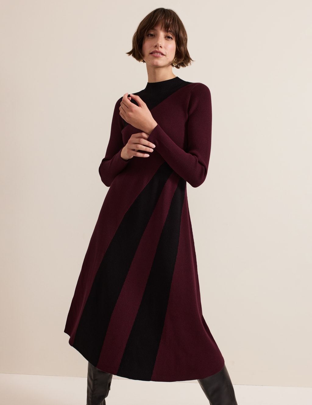 Colour Block High Neck Midi Skater Dress