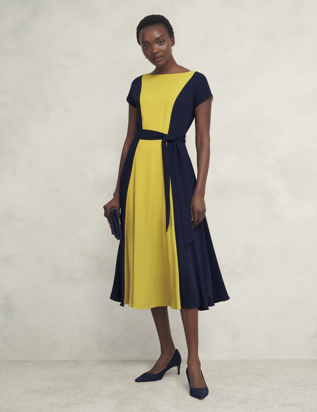 Colour Block Slash Neck Midi Waisted Dress