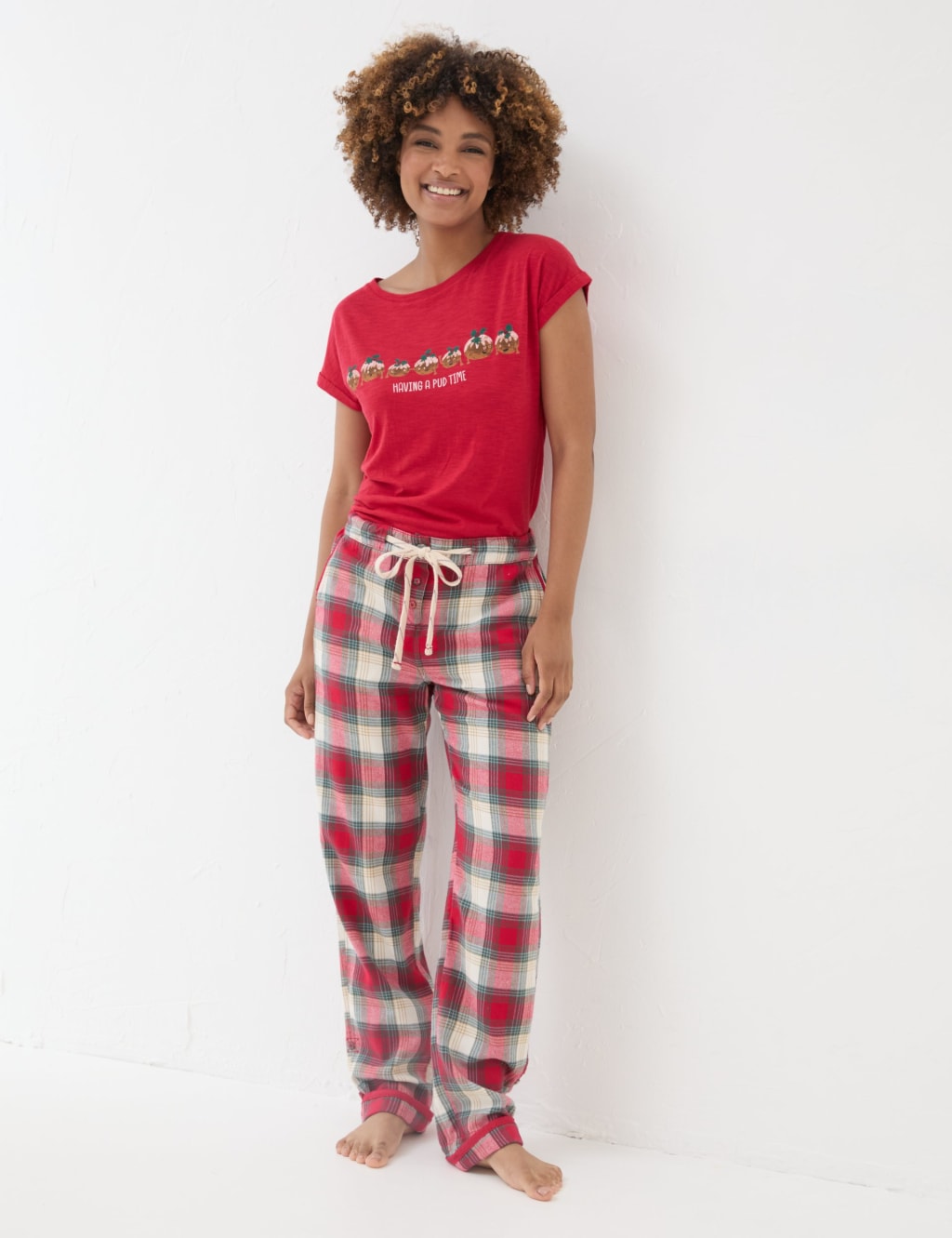 FatFace Pure Cotton Checked Pyjama Bottoms Red
