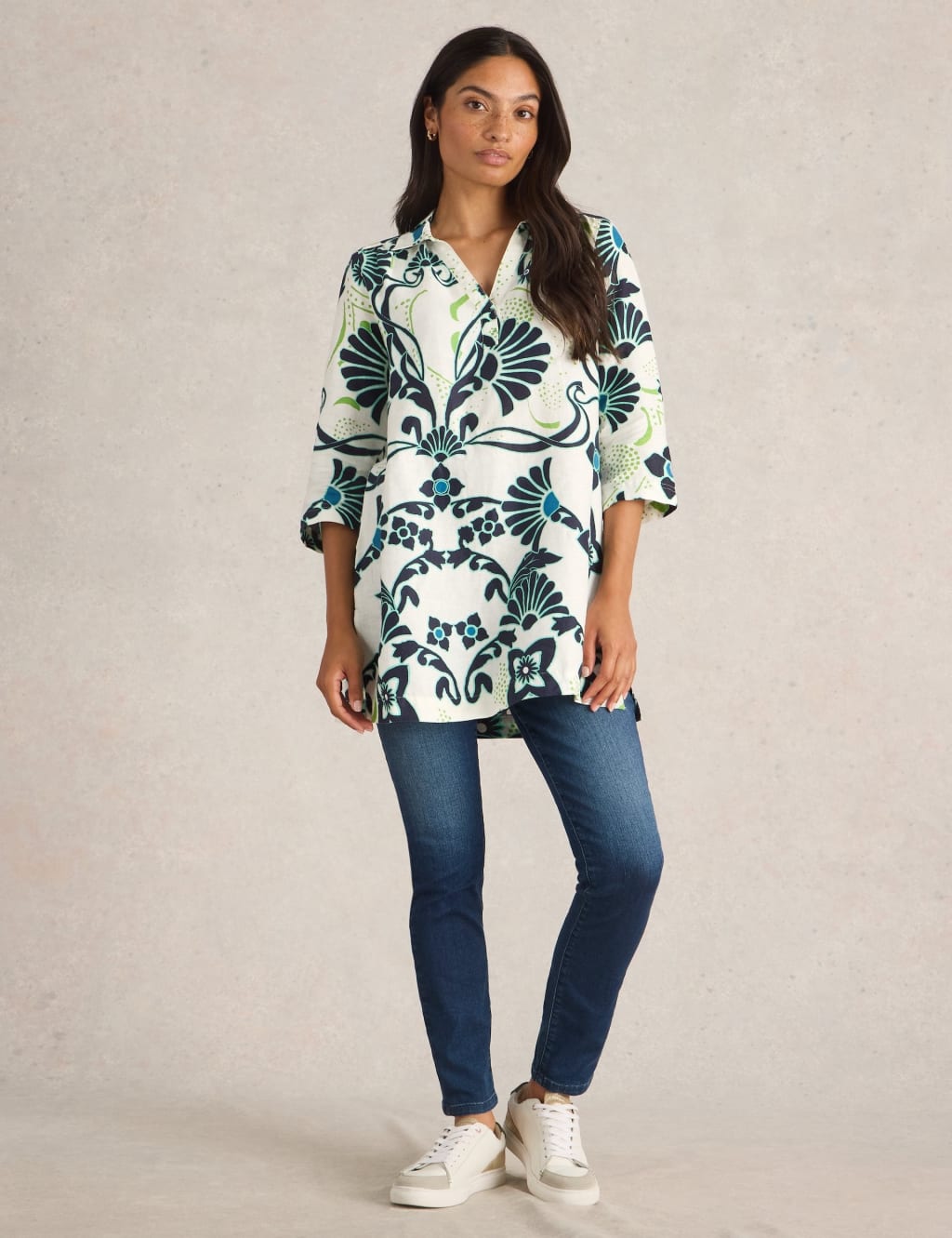 Pure Linen Printed Collared Tunic
