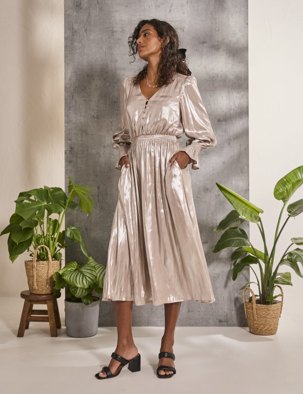 Metallic V-Neck Midi Waisted Dress