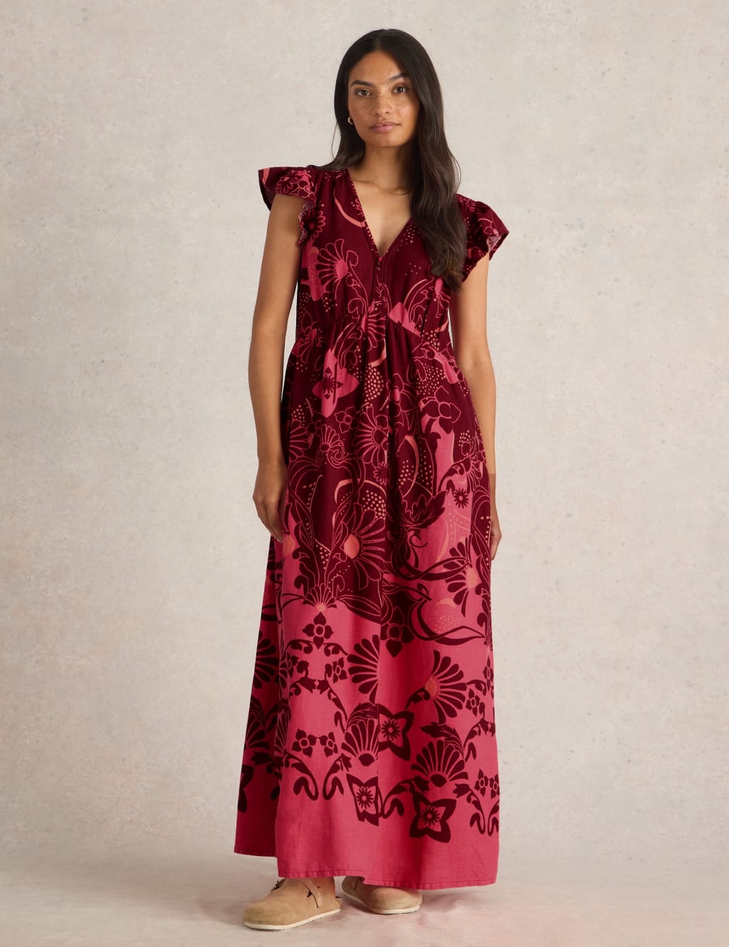 Linen Blend Printed Maxi Waisted Dress