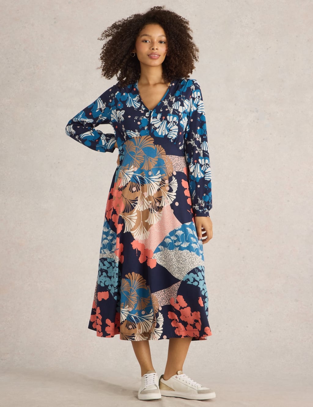 Cotton Modal Jersey Floral Midi Waisted Dress
