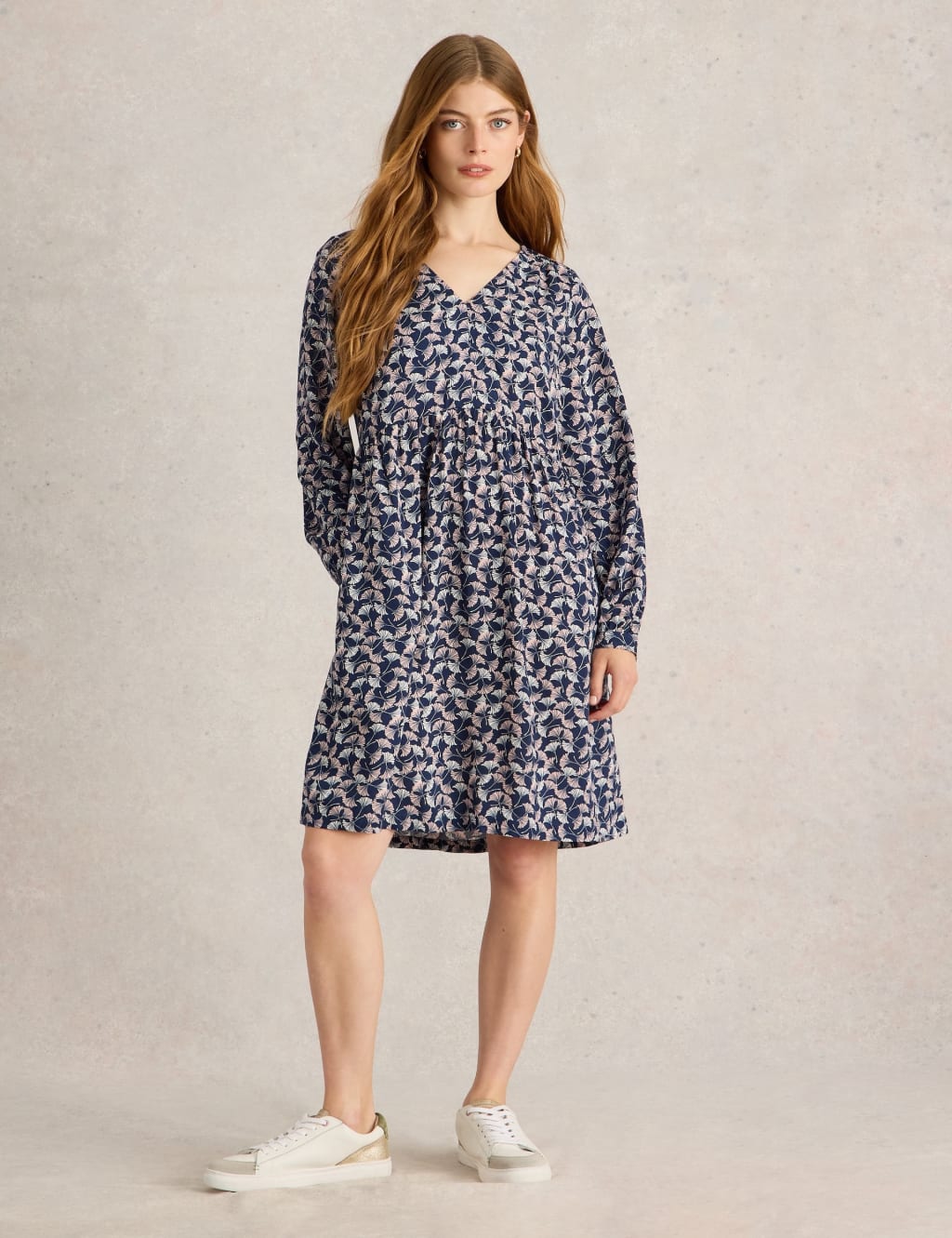 Printed V-Neck Mini Waisted Smock Dress