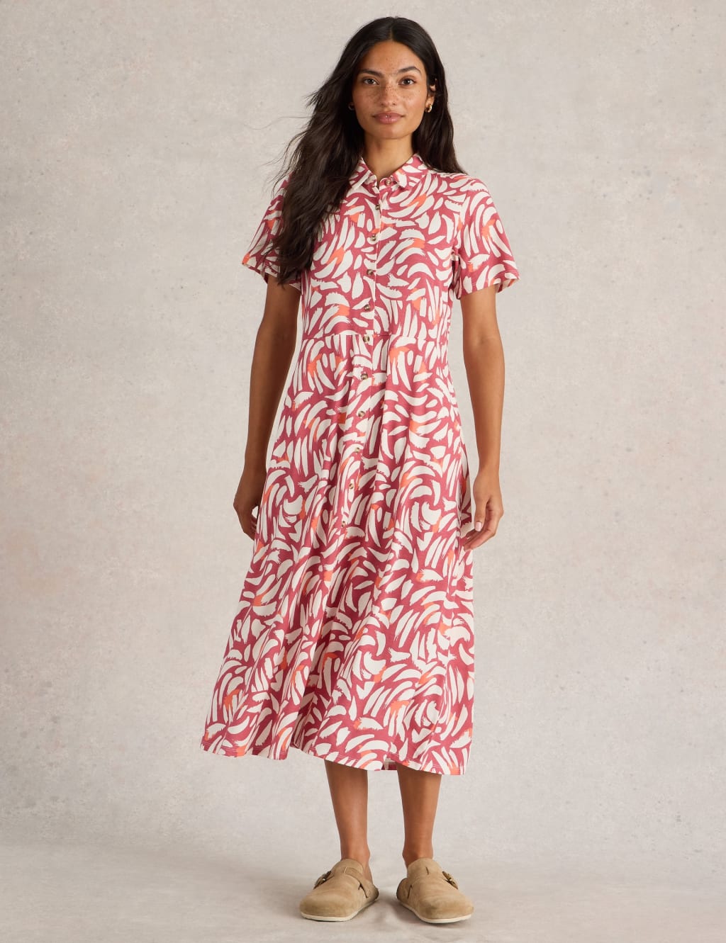 Cotton Modal Printed V Neck Midi Shirt Dress