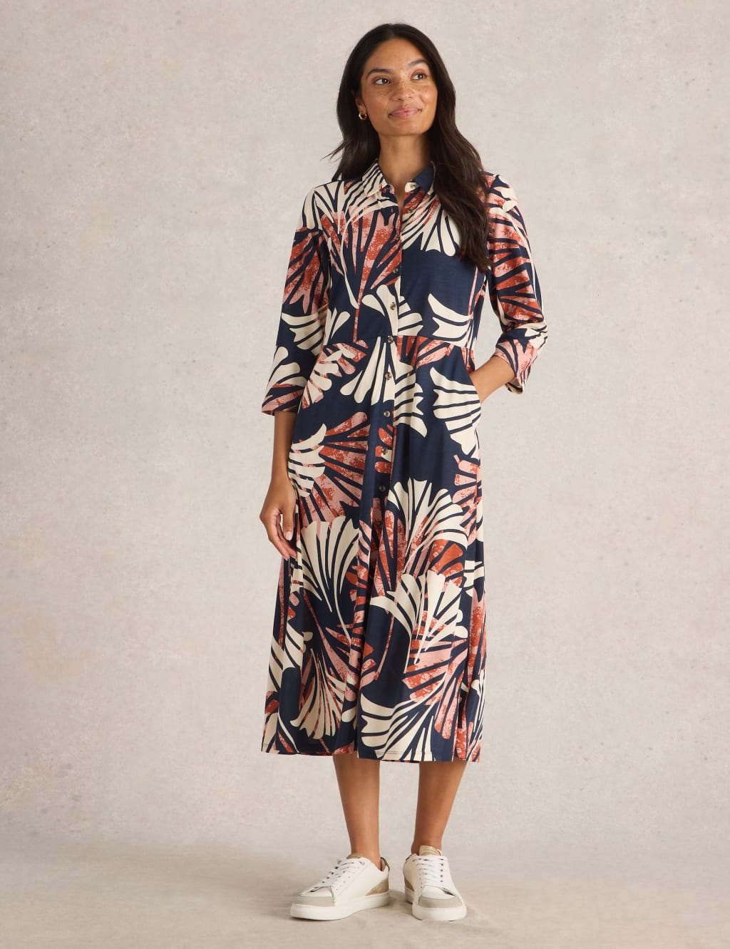Cotton Modal Printed V Neck Midi Shirt Dress