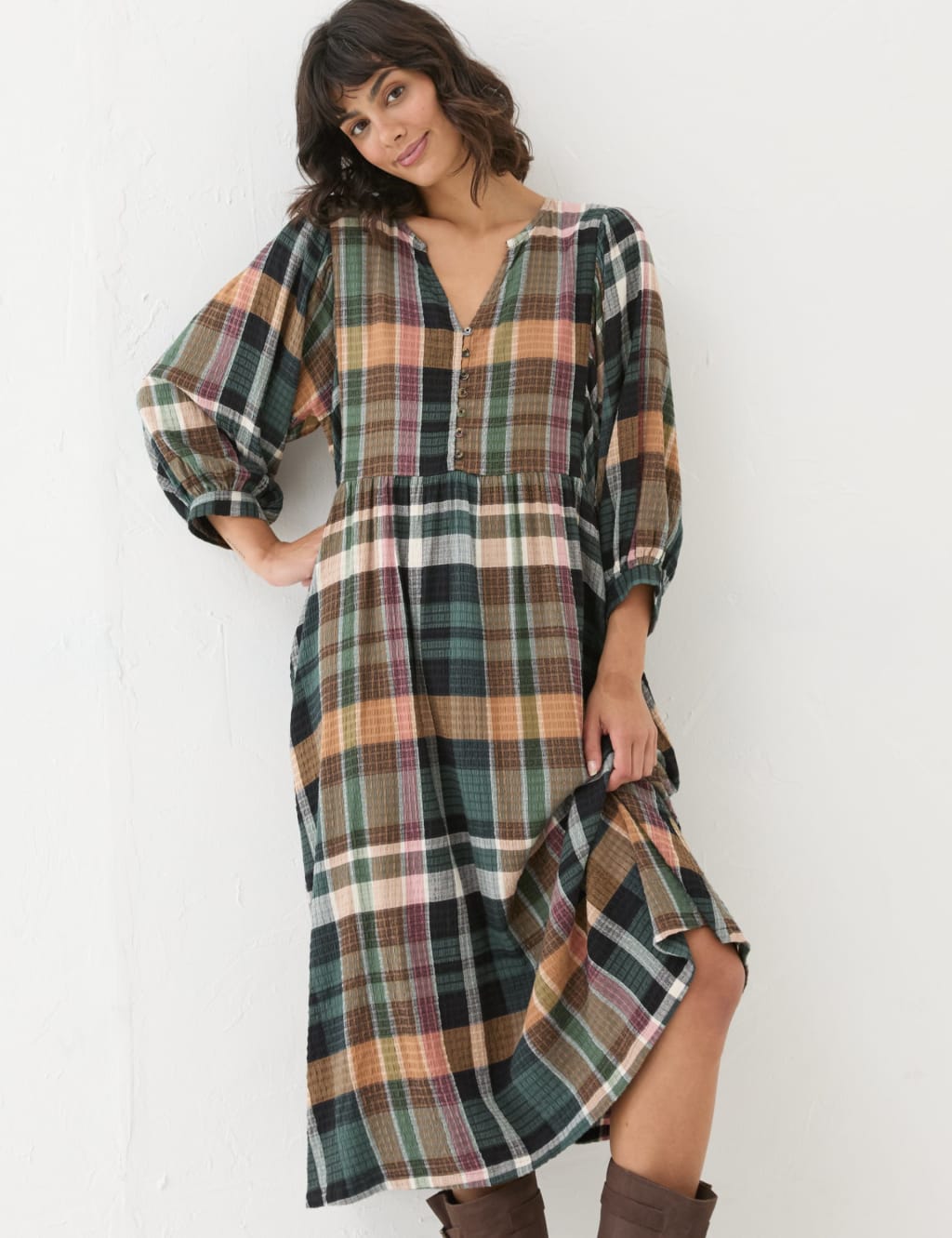 Checked Notch Neck Midi Smock Dress