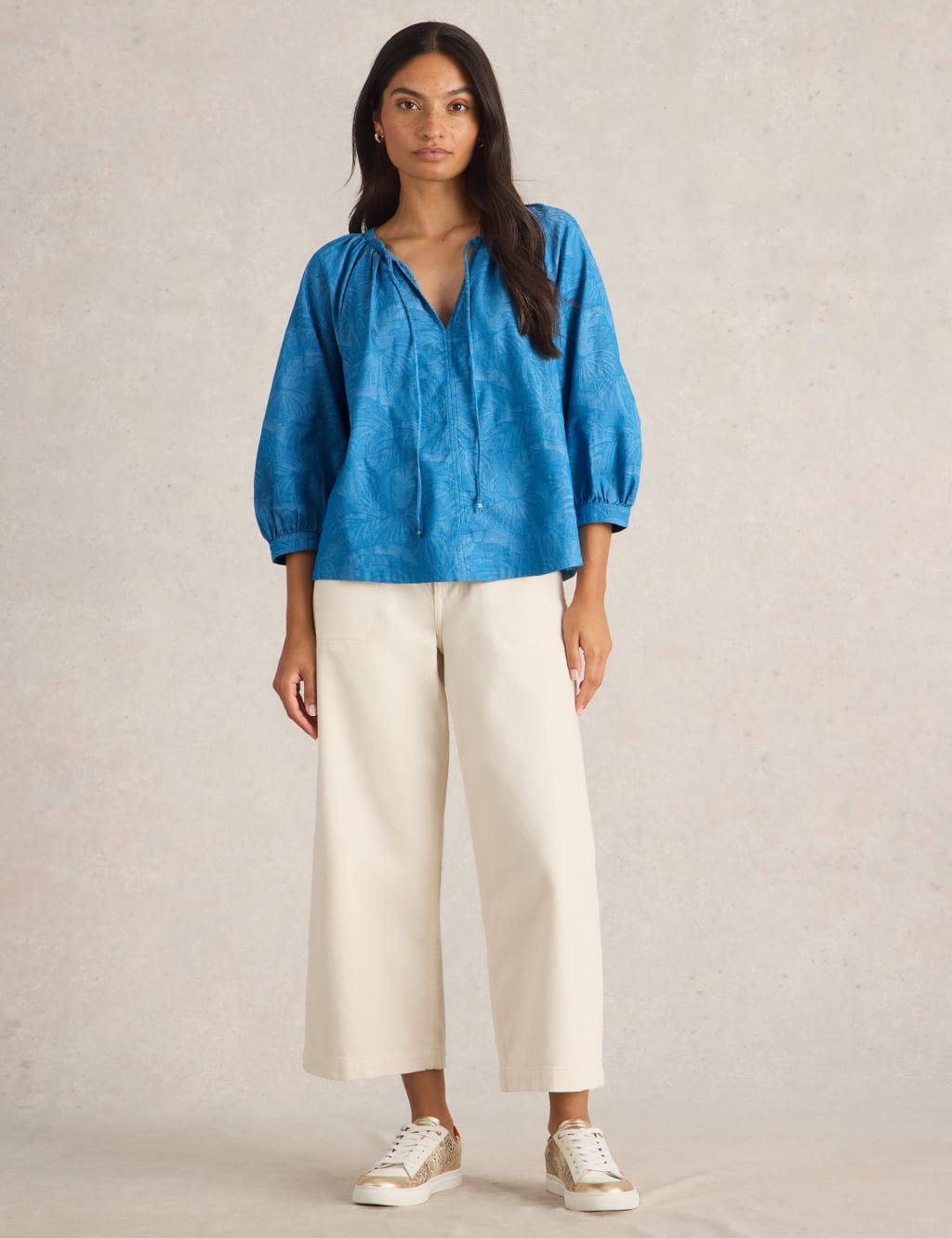White Stuff Women's Cotton Rich Jacquard Tie Neck Blouse - 12 - Blue, Blue