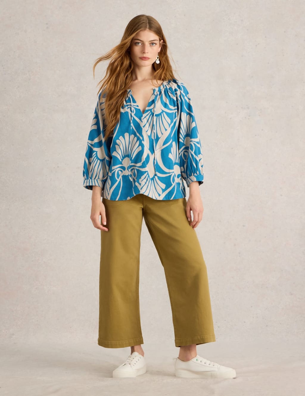 Linen Rich Printed Tie Neck Blouse