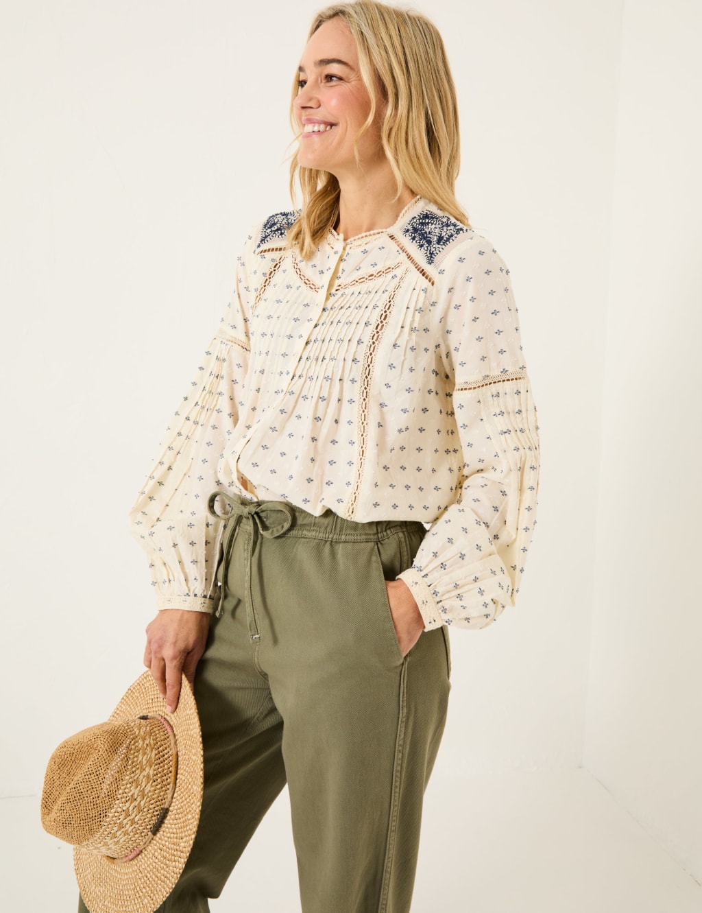 Cotton Rich Embroidered Lace Insert Blouse